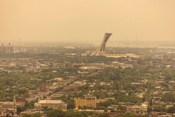 Thành phố Montreal mờ ảo trong làn sương mù màu cam sáng 14/7. (Ảnh: Montreal Gazette)