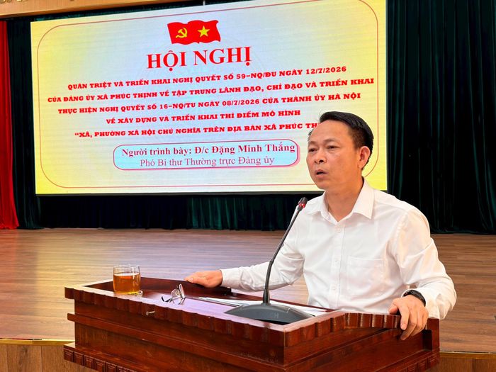 Đồng chí Đặng Minh Thắng, Phó Bí thư Thường trực Đảng ủy xã Phúc Thịnh phát biểu tại hội nghị. Ảnh: Thanh Hà