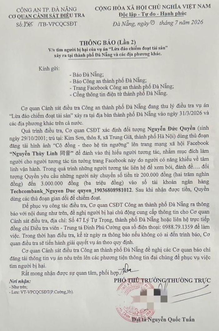 Thông báo của Công an TP Đà Nẵng liên quan đến vụ án "Lừa đảo chiếm đoạt tài sản". Ảnh: CACC