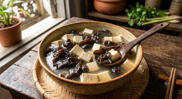 Canh mộc nhĩ nấu đậu phụ phù hợp cho người mỡ máu cao.