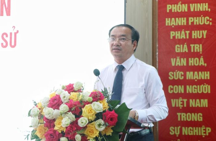 Trưởng Ban Tuyên giáo và Dân vận Tỉnh ủy Phú Thọ Lương Đức Minh phát biểu tại Hội thảo. Ảnh: Thu Hương - TTXVN