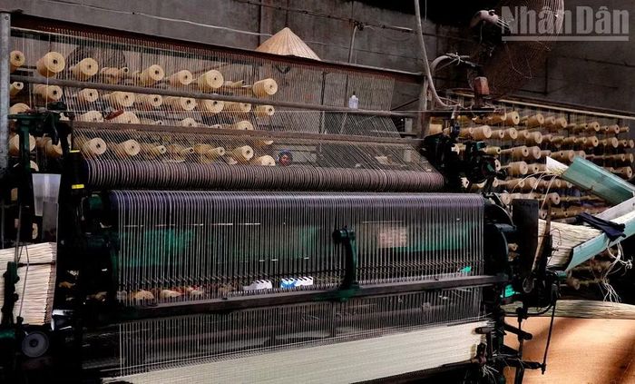 Dây chuyền máy móc dệt chiếu tại xưởng sản xuất Xuân Hòa. (Ảnh: Hà Thương)
