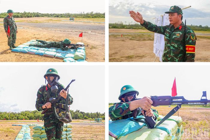 Chiến sĩ Tiểu đoàn 1 thực hành ngắm bắn khi mang mặt nạ phòng độc MV-5 trong nội dung huấn luyện chiến đấu giai đoạn 2.