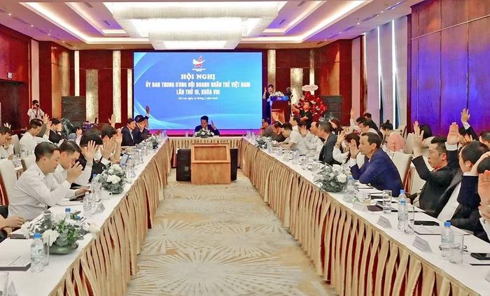 Các đại biểu biểu quyết thông qua các nội dung Hội nghị. (Ảnh: Trung ương Hội Doanh nhân trẻ Việt Nam)