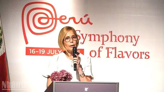 Đại sứ nước Cộng hòa Peru tại Việt Nam, bà Patricia Yolanda Raéz Portocarrero, phát biểu tại Tiệc chiêu đãi chiều 16/7.