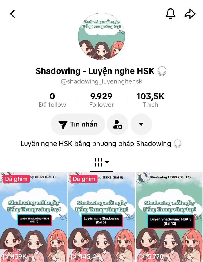 Tuyết Mai xây dựng và phát triển kênh TikTok “Shadowing – Luyện nghe HSK”.