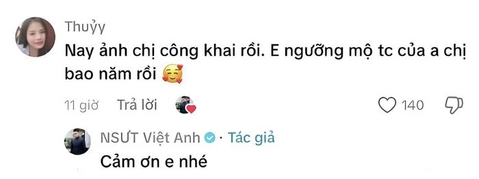 Việt Anh trực tiếp tương tác và gửi lời cảm ơn trước những bình luận chúc mừng chuyện tình cảm bền chặt của cặp đôi.