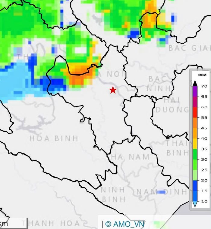 Ảnh radar vùng mây giông ở Hà Nội. Nguồn: NCHMF