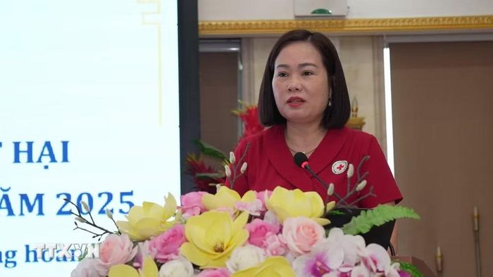 Bà Kiều Thị Thao, Chủ tịch Hội Chữ thập Đỏ tỉnh Thái Nguyên, phát biểu tại chương trình. (Ảnh: Thu Hằng/TTXVN)