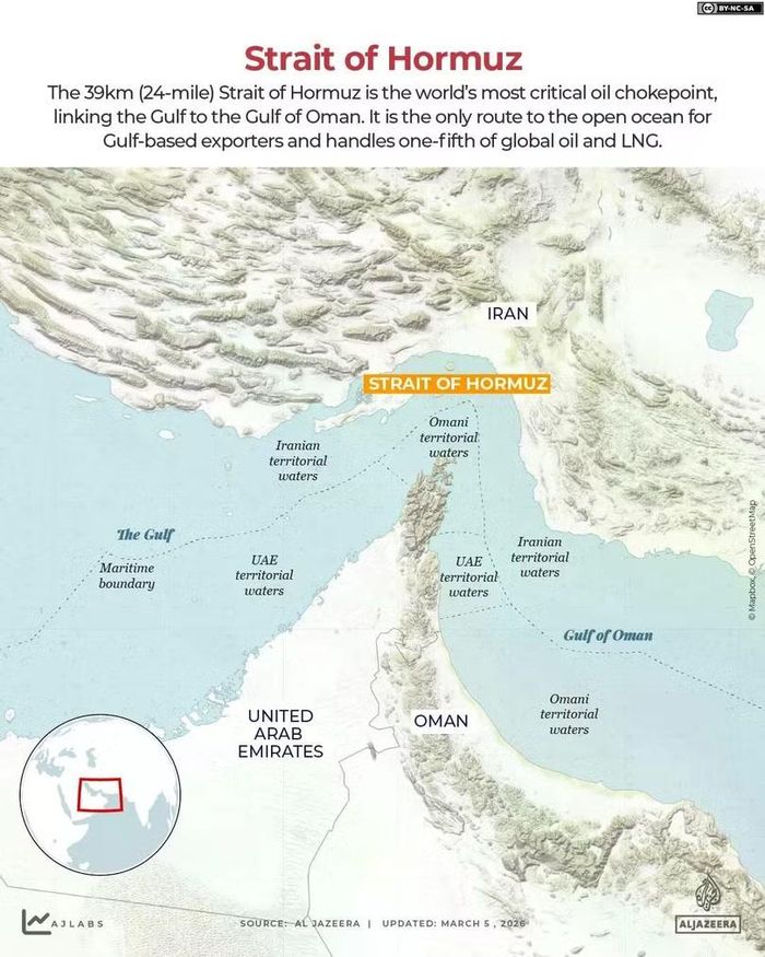 Eo biển Hormuz, tuyến hàng hải hẹp nhưng đóng vai trò quan trọng đối với lưu lượng dầu khí thế giới. Ảnh: AJ.