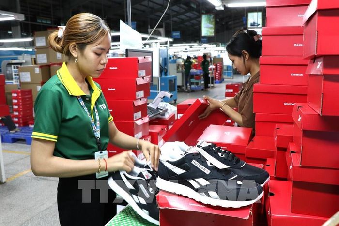 Công nhân kiểm tra sản phẩm giày trước khi đóng hộp tại Công ty Cổ phần Đầu tư và Sản xuất Công nghiệp Lefaso Trà Vinh (xã Trà Cú, tỉnh Vĩnh Long). Ảnh: Thanh Hòa - TTXVN