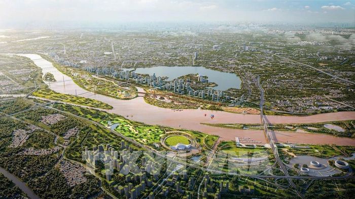 Toàn cảnh Dự án Đầu tư xây dựng Trục Đại lộ cảnh quan sông Hồng tại phường Phú Thượng, Hà Nội. Ảnh: Phan Phương - TTXVN