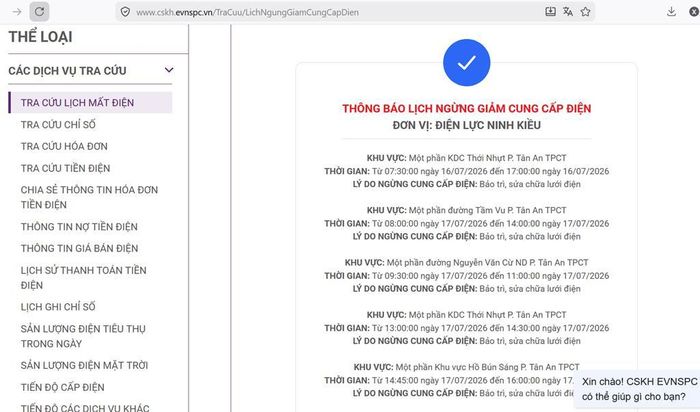 Lịch ngừng cấp điện tại Cần Thơ ngày mai 17/7 được cập tại website của EVNSPC lúc 10h20 ngày 16/7. Ảnh: BNEWS phát