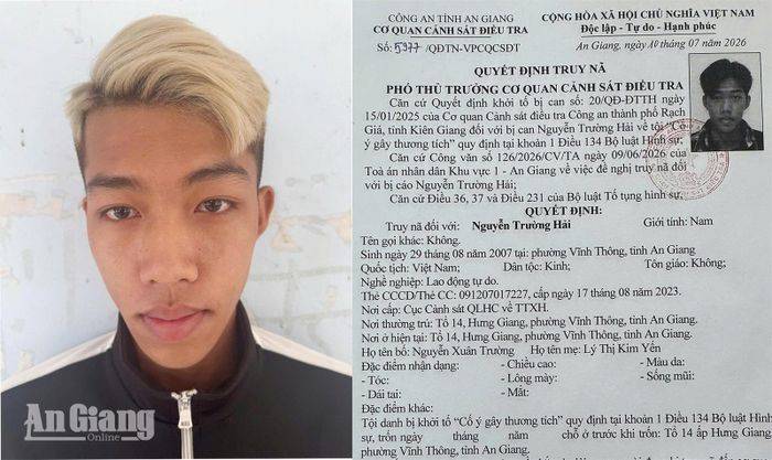 Đối tượng Nguyễn Trường Hải bị Cơ quan Cảnh sát điều tra Công an tỉnh An Giang truy nã về tội cố ý gây thương tích.