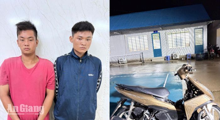 Hai đối tượng Huỳnh Hữu Vũ Luân, Huỳnh Công Thuận (áo xanh) và tang vật.