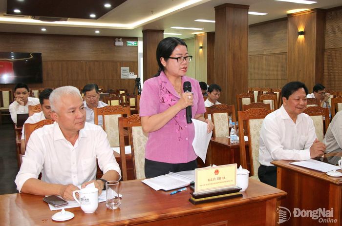 Phó Chủ tịch Ủy ban MTTQ Việt Nam thành phố Đồng Nai Lưu Thị Hà chia sẻ ý kiến tại hội nghị. Ảnh: Hải Quân