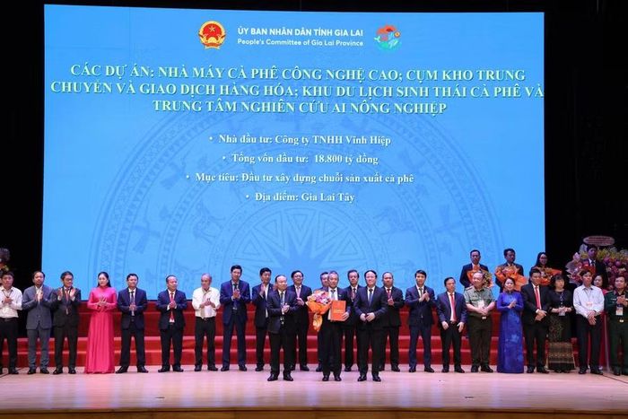 Lãnh đạo tỉnh Gia Lai trao quyết định chấp thuận chủ trương đầu tư dự án cho lãnh đạo Công ty TNHH Vĩnh Hiệp. Ảnh: An Nhiên