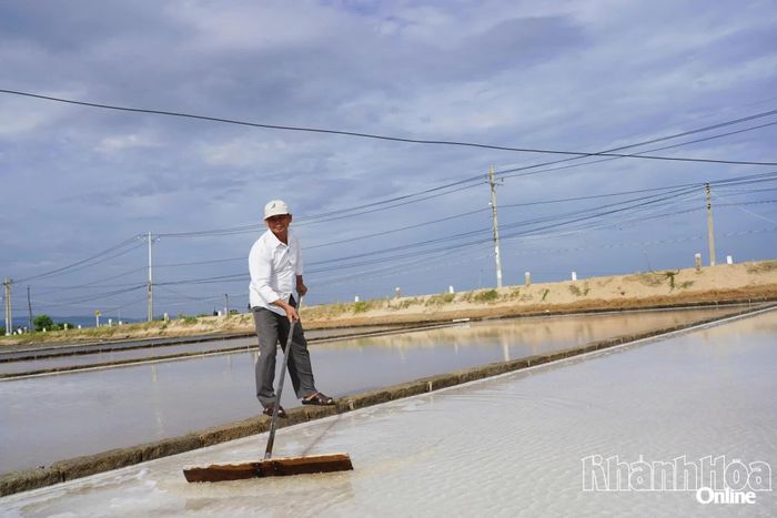 Ông Bùi Hóa bên ruộng muối của gia đình.