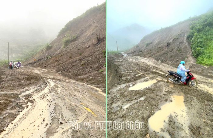 Tại Km7 tuyến ĐT131, đoạn từ bản Thèn Sin đi bản Sin Suối Hồ (xã Sin Suối Hồ), mưa lớn từ đêm qua cũng gây sạt lở đất đá xuống mặt đường.