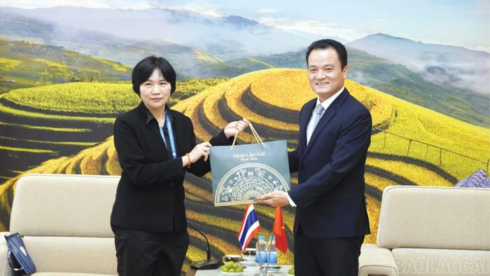 Phó Chủ tịch UBND tỉnh Giàng Quốc Hưng tặng quà lưu niệm cho đoàn.