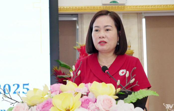 Đại diện Hội Chữ thập đỏ tỉnh Thái Nguyên báo cáo tại Hội nghị.