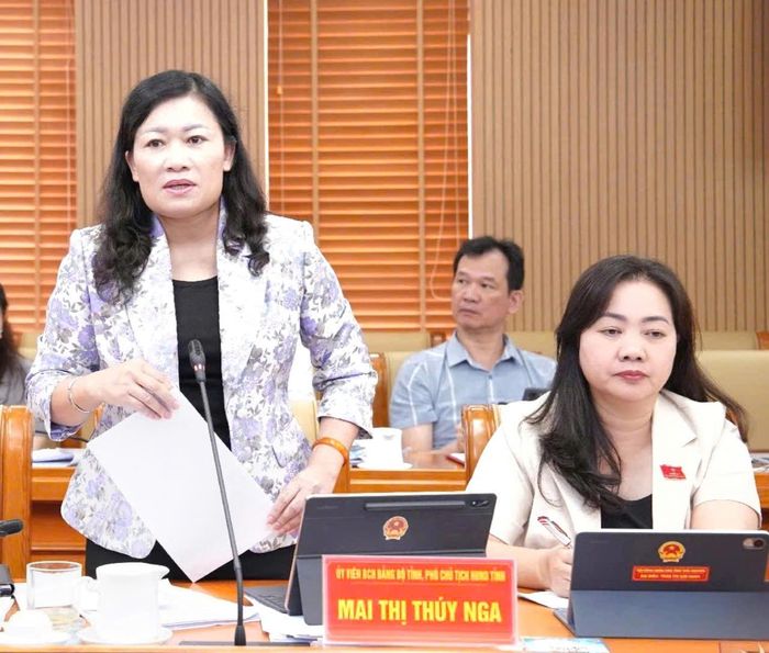 Phó Chủ tịch HĐND tỉnh Mai Thị Thúy Nga phát biểu tại Hội nghị thẩm tra các tờ trình và dự thảo nghị quyết trình tại Kỳ họp thứ Năm (kỳ họp thường lệ giữa năm 2026) HĐND tỉnh khóa XV của Ban Pháp chế HĐND tỉnh