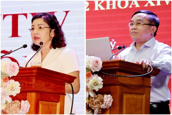 Chủ nhiệm Ủy ban Kiểm tra Tỉnh ủy Nguyễn Thị Hồng Hoa; Trưởng Ban Tuyên giáo và Dân vận Tỉnh ủy Ngọc Kim Nam quán triệt các Chương trình hành động
