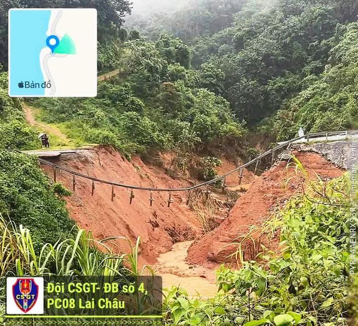 Mưa lớn làm đứt quốc lộ 12, đoạn qua Lai Châu. Ảnh: Công an Lai Châu