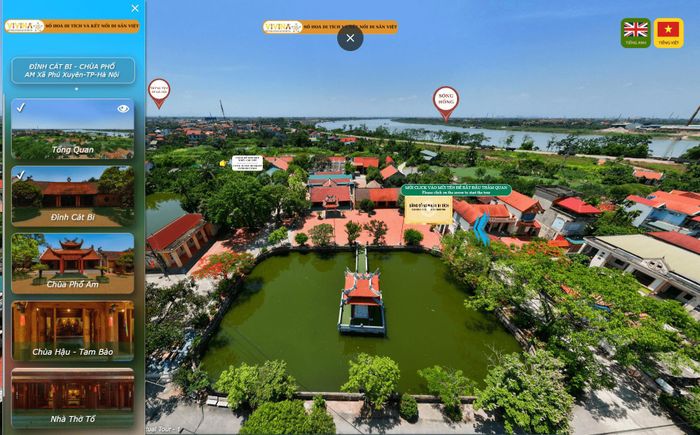Góc nhìn toàn cảnh di tích từ trên cao được tích hợp sinh động trong tour tham quan tương tác ảo VR360 với các nút tương tác điều hướng góc nhìn, mang lại trải nghiệm trực quan cho du khách. (Ảnh chụp giao diện màn hình ứng dụng).