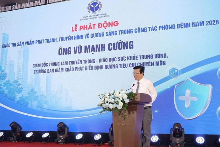 Ông Vũ Mạnh Cường, Giám đốc Trung tâm Truyền thông - Giáo dục sức khỏe Trung ương kiêm Trưởng Ban Giám khảo cuộc thi phát biểu.