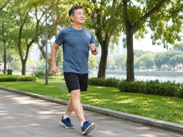 Đi bộ nhanh là hình thức vận động aerobic phù hợp với phần lớn người trung niên và cao tuổi.