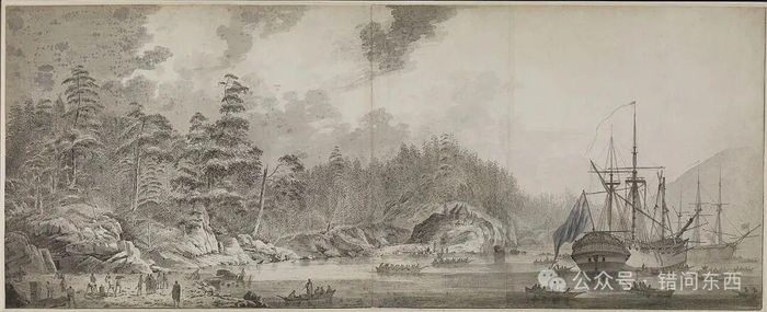  Năm 1778, họa sĩ John Webber đã ghi lại hình ảnh vịnh Nootka. Những chiếc thuyền độc mộc bằng gỗ tuyết tùng của người bản địa vây quanh một con tàu buồm khổng lồ của Anh. Ảnh: The Paper