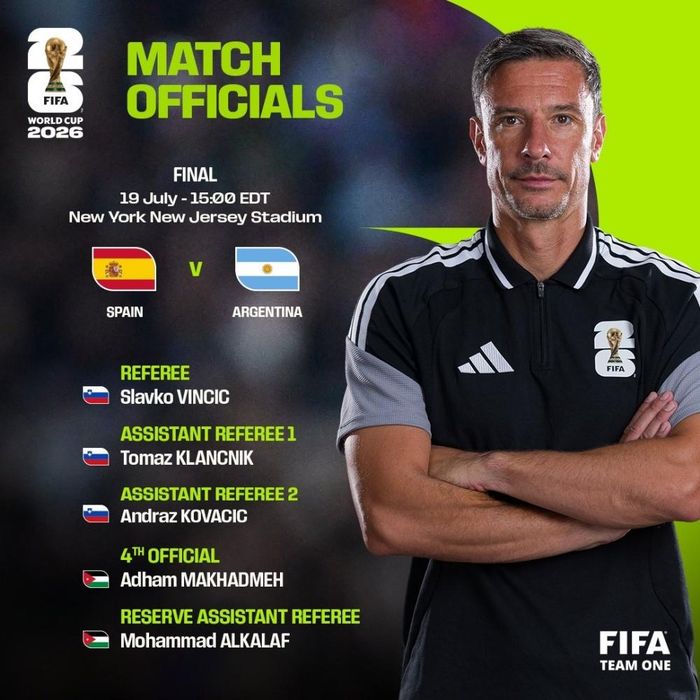 Tổ trọng tài điều hành trận chung kết World Cup 2026 giữa Tây Ban Nha và Argentina. Ảnh: FIFA.