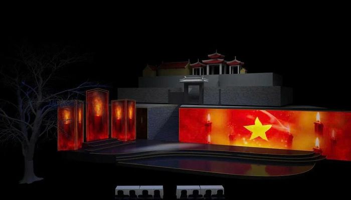 Thiết kế sân khấu tại điểm cầu Nhà bia liệt sĩ Thanh Thủy, Tuyên Quang. Ảnh: VTV