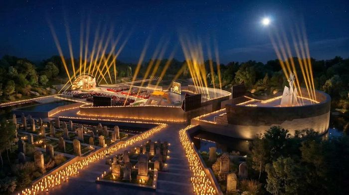 Thiết kế sân khấu tại điểm cầu Nghĩa trang Liệt sĩ Quốc gia Đường 9, Quảng Trị. Ảnh: VTV
