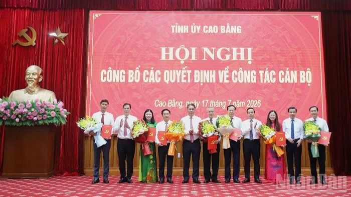 Lãnh đạo tỉnh Cao Bằng trao quyết định cho các đồng chí được điều động, bổ nhiệm.