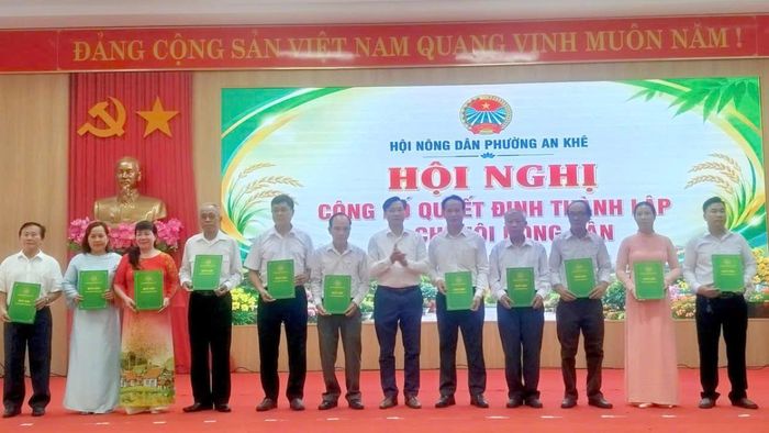 Phó Bí thư Thường trực Đảng ủy phường An Khê trao các quyết định thành lập Chi hội Nông dân.