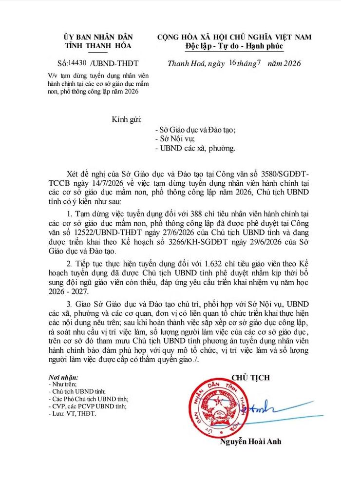 Công văn của UBND tỉnh Thanh Hóa.