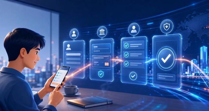 Quy trình thực hiện chuyển tiền trực tuyến với các bước đối chiếu thông tin người nhận nhằm đảm bảo giao dịch chính xác và an toàn. Đồ họa: Thái Bình
