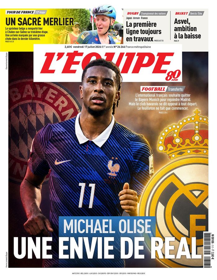 Trang bìa L’Equipe với nội dung “Michael Olise khao khát gia nhập Real Madrid”. Ảnh: L’Equipe