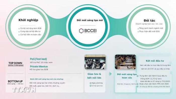 BCCEI là trung tâm đầu tiên trong số tất cả các trung tâm khu vực tại Hàn Quốc thiết lập và vận hành một nền tảng đổi mới sáng tạo mở hai chiều, nơi các startup, các tập đoàn trong nước và quốc tế, cùng các tổ chức công cộng hợp tác cùng nhau. (Ảnh: Khánh Vân/TTXVN)