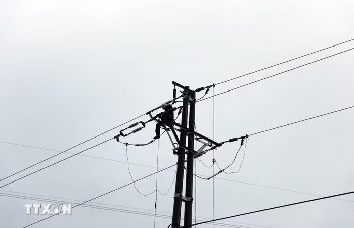 Công nhân Công ty Điện lực Lai Châu khắc phục hệ thống lưới điện. (Ảnh: Quý Trung/TTXVN)