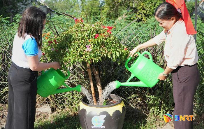 Hàng chục chậu hoa được trồng, chăm sóc dọc tuyến đường khu dân cư. Ảnh: ALĂNG NGƯỚC