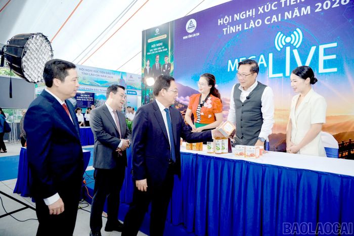 Các đại biểu tham quan không gian trưng bày, giới thiệu tiềm năng đầu tư, du lịch và thương mại của tỉnh Lào Cai.