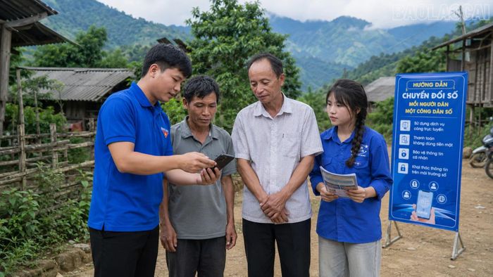 Hình ảnh quen thuộc những người già được các bạn trẻ hướng dẫn sử dụng các App trên địa thoại thông minh tại các thôn của xã Hạnh Phúc.