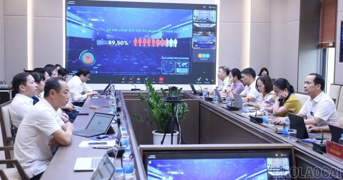 Quang cảnh hội nghị tại điểm cầu Lào Cai.
