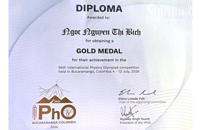Giấy chứng nhận Huy chương Vàng Olympic Vật lý quốc tế lần thứ 56 của Nguyễn Thị Bích Ngọc.