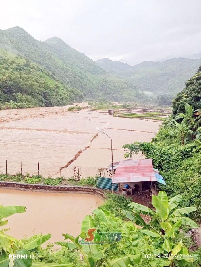 Nước lũ khu vực suối Pia, xã Chiềng Hoa cuốn trôi ruộng lúa người dân. Ảnh: Xã Chiềng Hoa