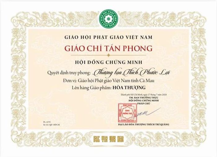 Giáo chỉ truy phong Thượng tọa Thích Phước Lợi lên hàng giáo phẩm Hòa thượng do Đức Pháp chủ ấn ký ngày 17-7-2026