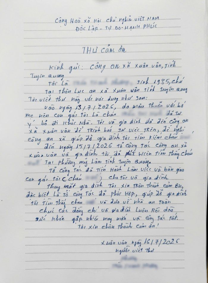 Gia đình anh T.T.P. đã gửi thư cảm ơn đến tập thể Công an xã Xuân Vân.
